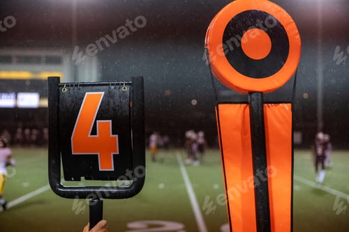 Preview: American football 4th down marker on rainy game day sideline on the field