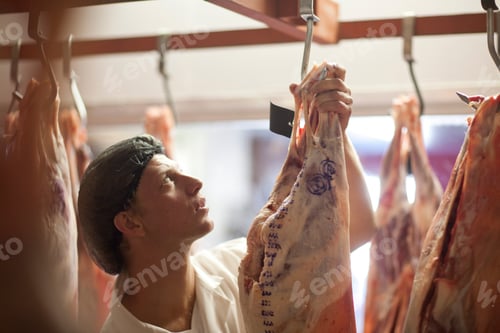 Preview: Butcher inspecting meat