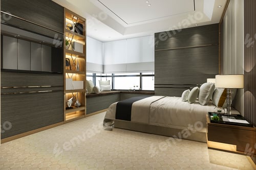 Preview: 3d rendering wood modern luxury bedroom suite with bookshelf and cushion