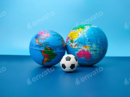 Preview: A ball is between globes on a blue background