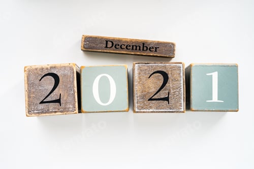 Preview: Numbers wood block cubes isolated on white background. 2021 December New Year abstract design concep
