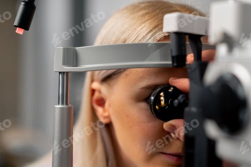 Preview: close-up in an ophthalmology clinic The girls inserted the lens and looked at the bottom of the eye