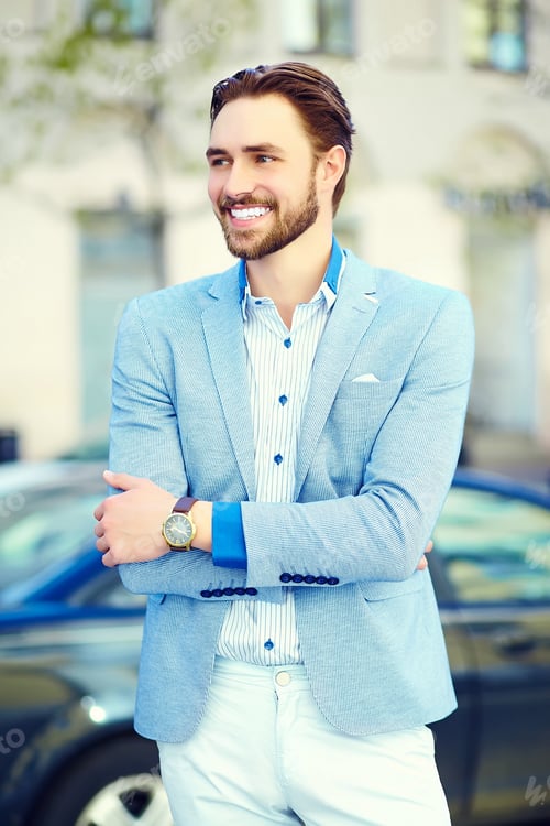 Preview: Young stylish confident happy handsome businessman model in suit cloth lifestyle in the street