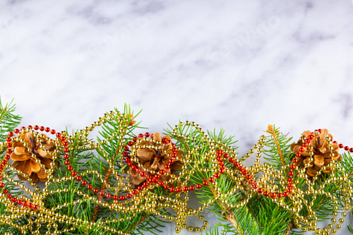 Preview: Christmas Framework With Fir Branches And Red Beads On White Background. Christmas Frame Of Spruce
