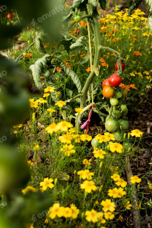 Preview: High angle close up of yellow flowers and green and ripe tomatoes on the vine.