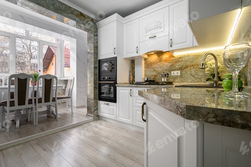 Preview: Modern classic white kitchen interior with dining zone