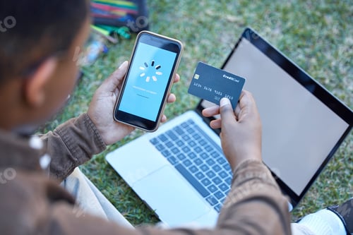 Preview: Credit card, phone banking app and loading on a mobile website payment with laptop mockup screen. O