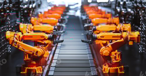 Preview: Robotic arms along assembly line in modern factory.