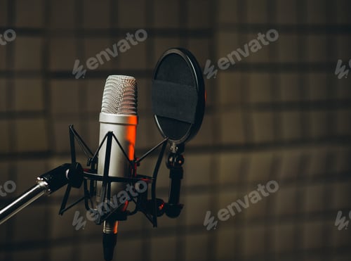 Preview: Pan shot of a professional microphone for dubbing and voice over in the sound recording studio.