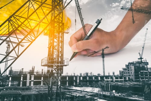 Preview: Double exposure of architect working on blueprint with construction site.