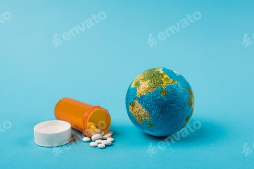 Preview: Globe and jar with pills from new omicron strain on blue background