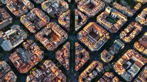 Preview: Aerial view of typical buildings of Barcelona cityscape. Eixample residential famous urban grid