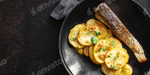 Preview: Baked Fish And Potato Fried Slice Garnish Seafood Omega Diet Meal Snack Copy Space Food Background