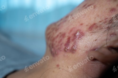 Preview: Acne on face because the disorders of sebaceous glands productions. Acne or a Cosmetic Allergy. Hor