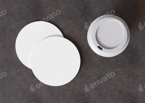 Preview: White, round cup coaster mock up. Blank template for your design, advertising, logo. Top view,