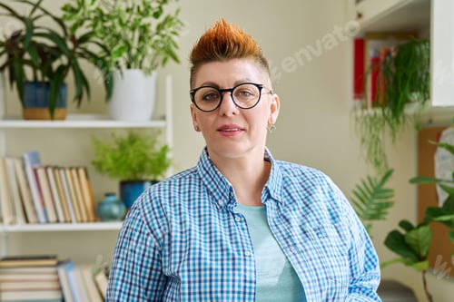 Preview: Portrait of smiling middle-aged woman in glasses with red haircut