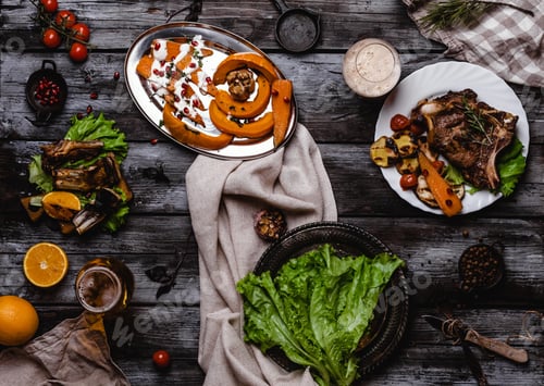 Preview: top view of delicious grilled steak with vegetables on gray wooden table
