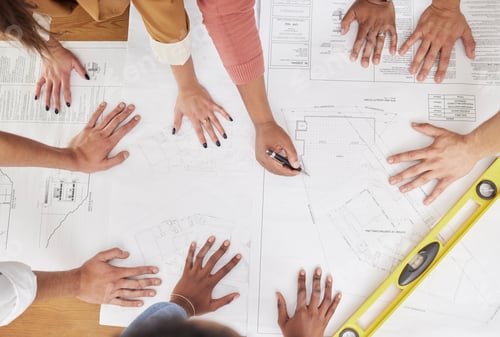 Preview: Blueprint, architecture and hands of people drawing for planning, floor plan and engineering design