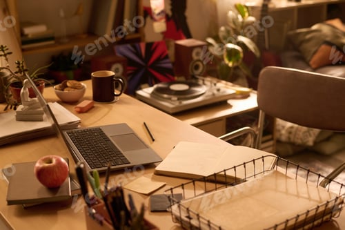 Preview: Modern Home Office Desk Featuring Laptop Notebook and Turntable in Sunlight