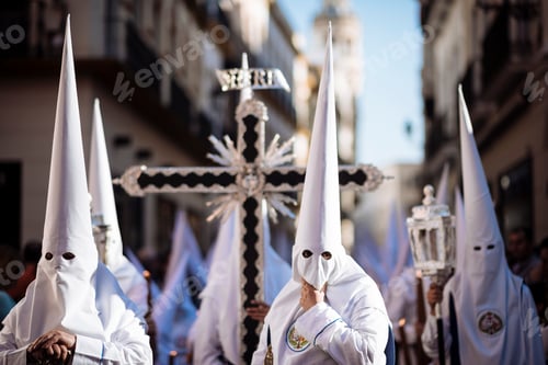 Preview: Penitents in traditional white robes participate in a procession.