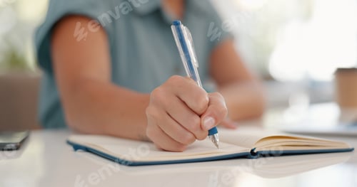 Preview: Business, woman and hands writing in notebook, diary and strategy ideas. Female, worker and plannin