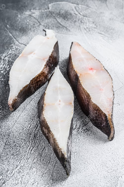 Preview: Raw fresh steak fish halibut on the stone table. White background. Top view