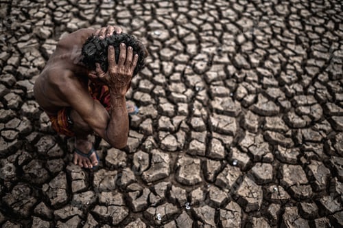 Preview: An elderly man sat bent his knees at a dry floor and his hands held his head,global warming