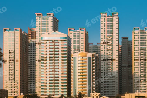 Preview: New Residential Multi-storey Houses On Blue Sky. Real Estate, Development Industry. UAE