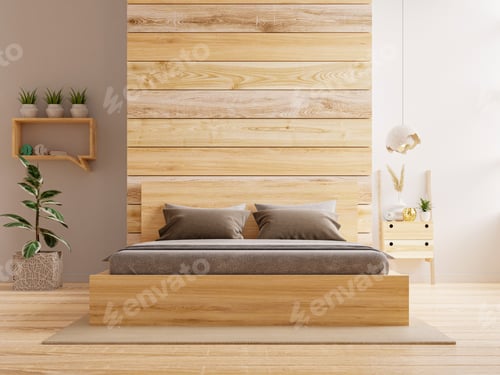 Preview: Bedroom interior mockup with dark bed on empty wooden wall background.
