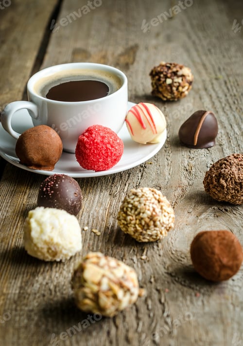 Preview: Luxury chocolate candies and cup of coffee