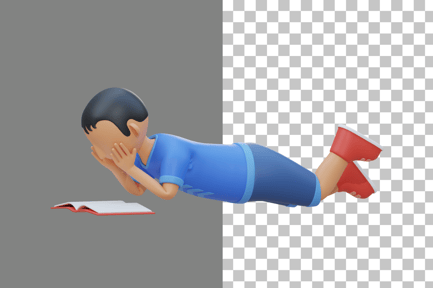 Preview: Little Kid Lying Down and Reading Book 3D Illustration