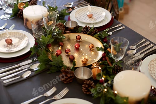 Preview: Christmas table setting with bauble name card holders arranged on plates