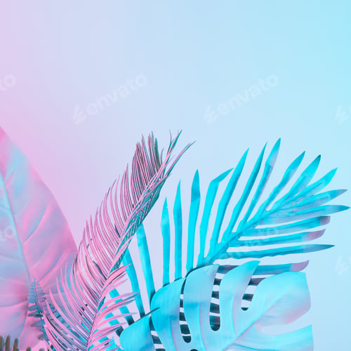 Preview: Tropical and palm leaves in vibrant bold gradient holographic colors. Concept art.