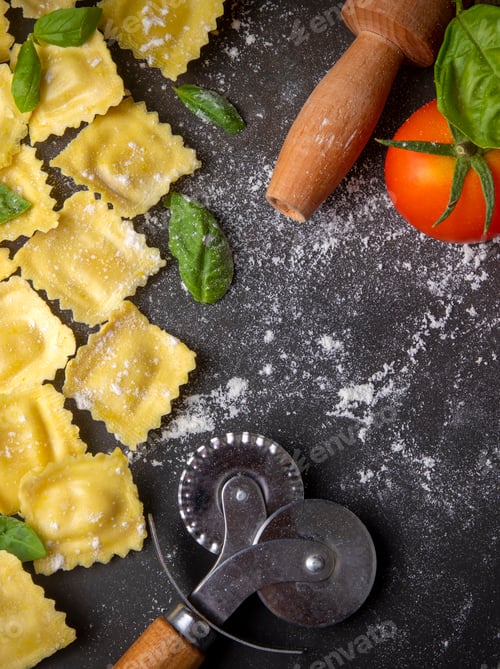 Preview: Delicious raw ravioli with flour and basil on dark background. The process of making Italian ravioli