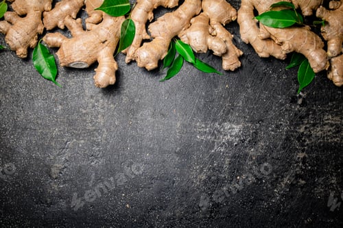 Preview: Fresh ginger root with leaves.