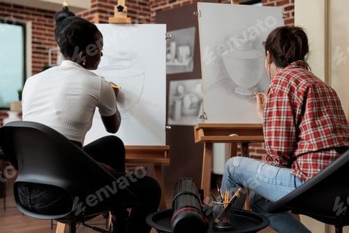 Preview: Diverse team working at art project drawing vase sketch on white canvas