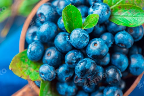 Preview: Blueberries close-up. Ripe and sweet summer berries macro. Natural beauty, blue and gray palette