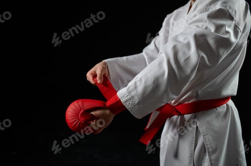 Preview: Male karate fighter having red belt and gloves