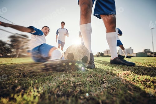 Vista previa: Closeup, ball and soccer with men, challenge and exercise with sports, competition and training. Zo