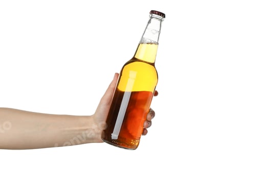 Preview: Female hand holds bottle of cider, isolated on white background