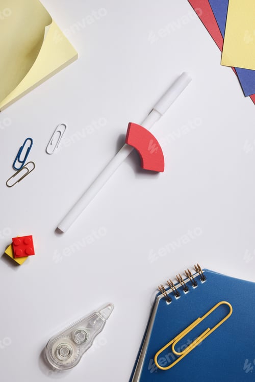 Preview: office supply and stationery with wood items on white background