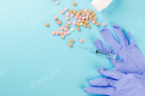 Preview: pills, blisters, syringe on a blue background
