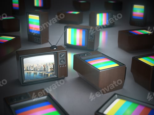 Preview: Pile of vintage TV with one in standby. TV channels concept