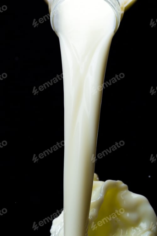 Preview: Milk pouring from a bottle on a black background