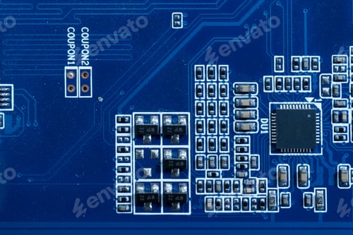Preview: Electronic circuits in technology concept. Motherboard computer background. Microchip digital data