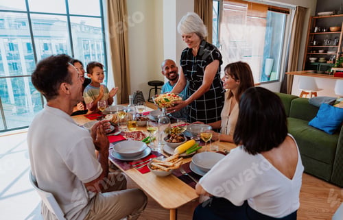 Preview: Family and friends reunion at home. family gathering enjoying dinner party meal together