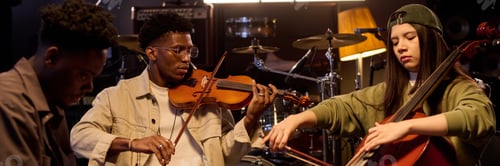 Preview: Young Adult Multiethnic Musicians Performing Together with String Instruments