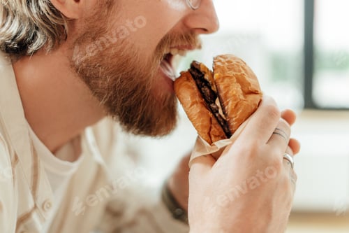 Preview: Bearded man enjoying eating burger with beef and vegetables
