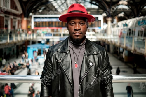 Preview: Man wearing a red hat is leaning on banister in a train station.