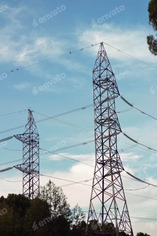 Preview: Giant Electric power transmission towers under the blue sky